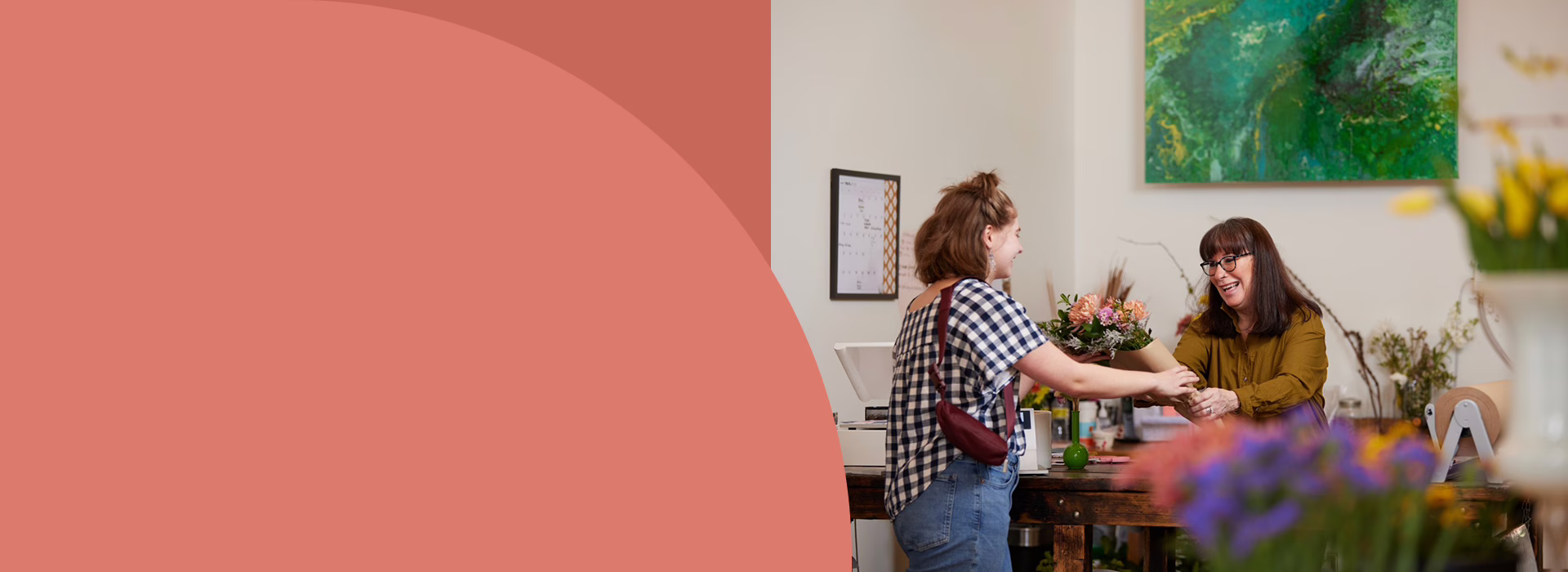 Certificate of Deposit Special image of woman in flower shop with peach background.